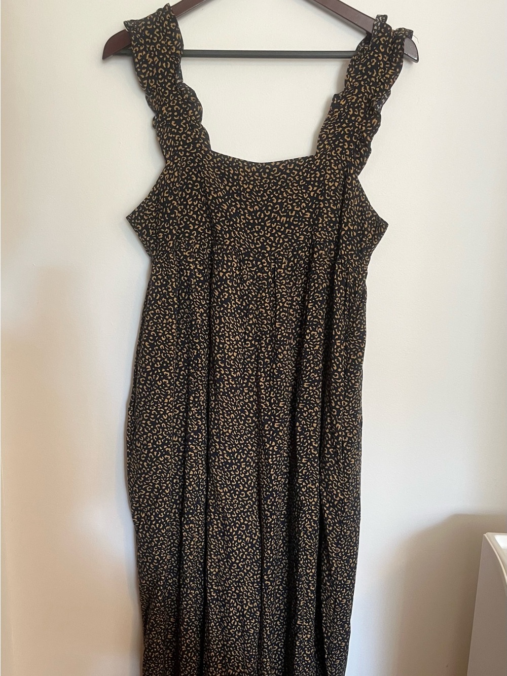 Three Bird Nest Navy & Tan Ruffle Strap Printed Jumpsuit